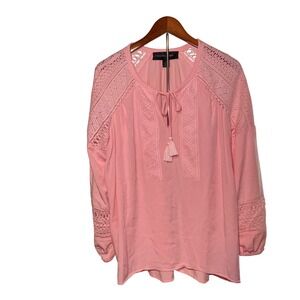 Colleen Lopez Woman's Size 1X Pink Lace Bohemian Trim Tassel Tie Neck Blouse